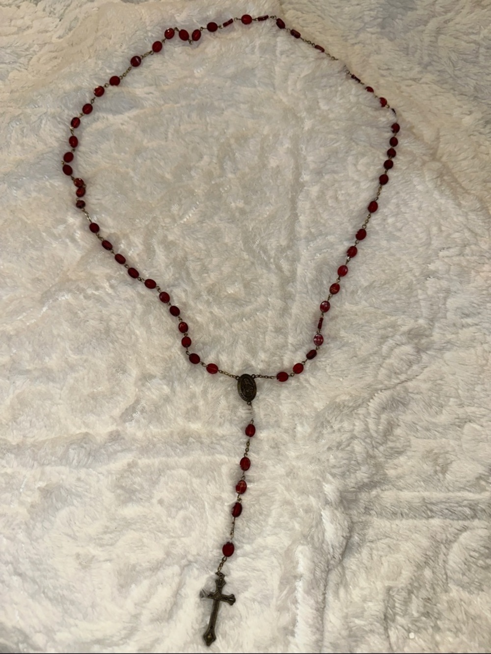 Vintage Red Beaded Rosary Religious Necklace with Cross